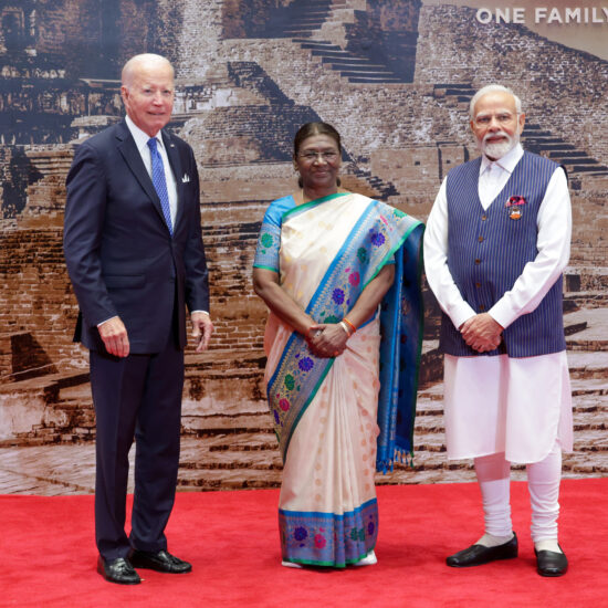 The President, Smt. Droupadi Murmu and PM welcoming the World leaders for gala dinner at Bharat Mandapam, in Pragati Maidan, New Delhi on September 09, 2023.
