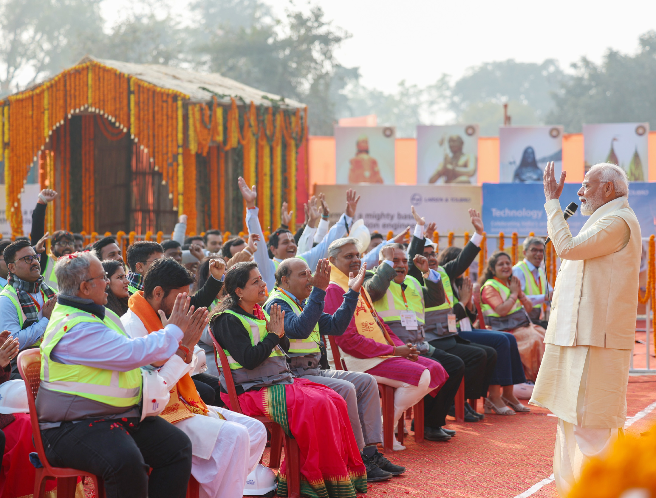 PM interacting with Shramjeevis at Pran Pratishtha ceremony of Shree Ram Janmaboomi Temple in Ayodhya, Uttar Pradesh on January 22, 2024.